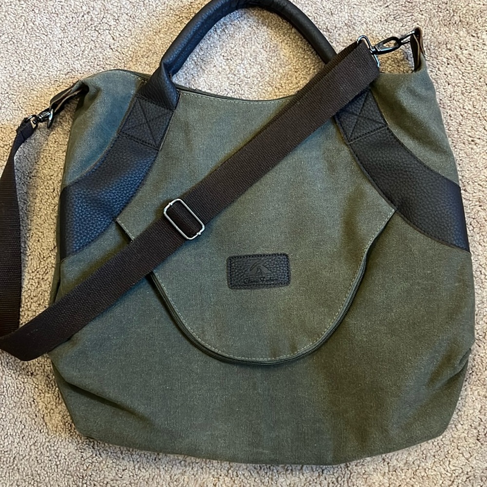 K2 Classic Fashion‎ Messenger Bag  Olive Green Canvas with Brown Leather Trim